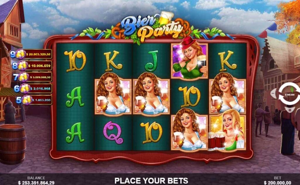 Screenshot of Bier Party online slot game screenplay. 