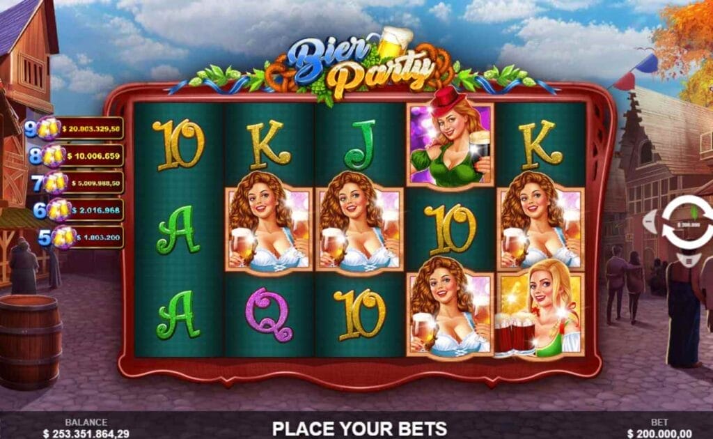 Screenshot of Bier Party online slot game screenplay.