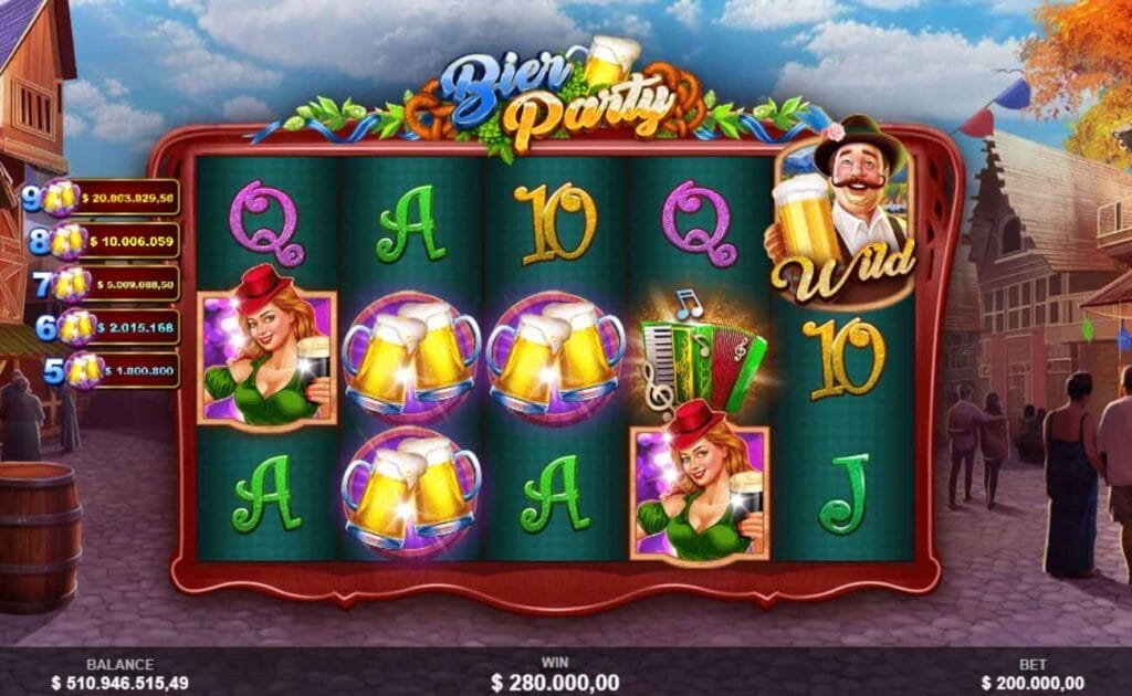 Screenshot of Bier Party online slot game, showing a $280 000 win. 