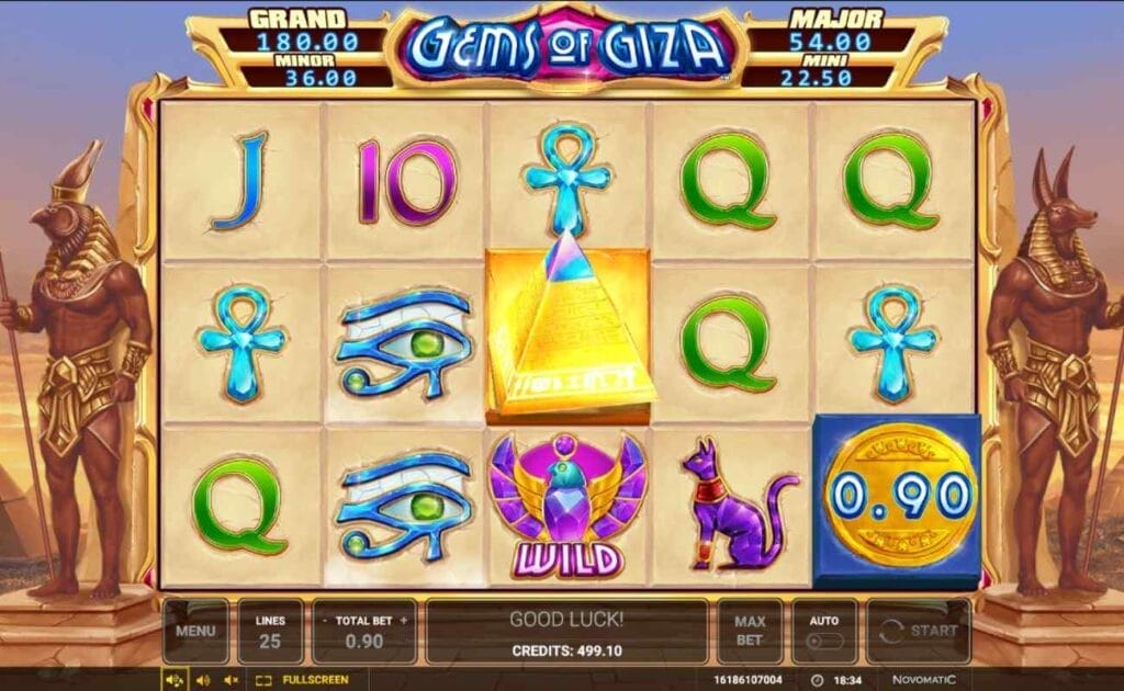 Screenshot of Gems of Giza online slot game showing gameplay. 