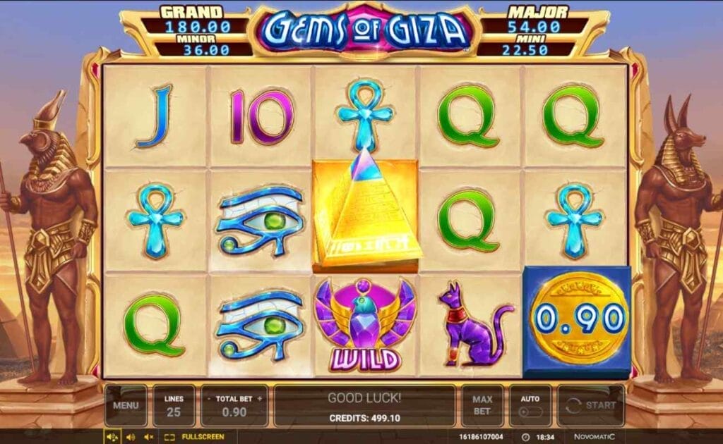 Screenshot of Gems of Giza online slot game showing gameplay.
