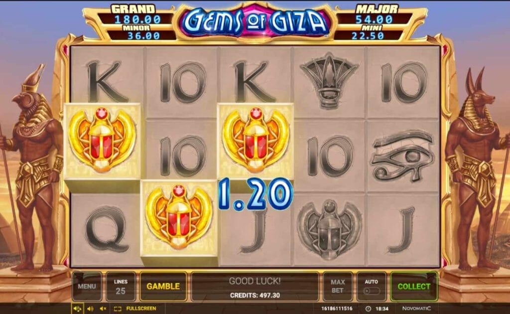Screenshot of Gems of Giza online slot game, showing a $1.20 win. 