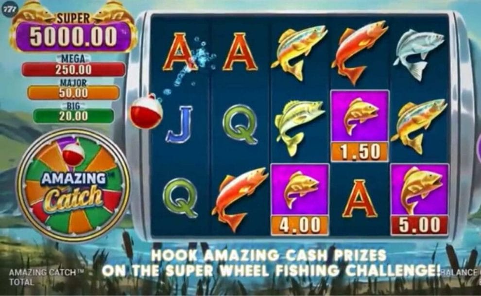 Screenshot of Amazing Catch online slot game, showing the reels screen. 