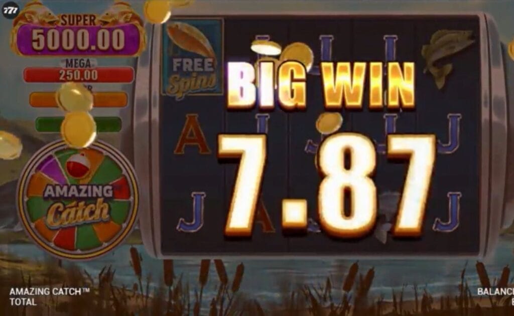 Screenshot of Amazing Catch online shot game, showing a big win screen.