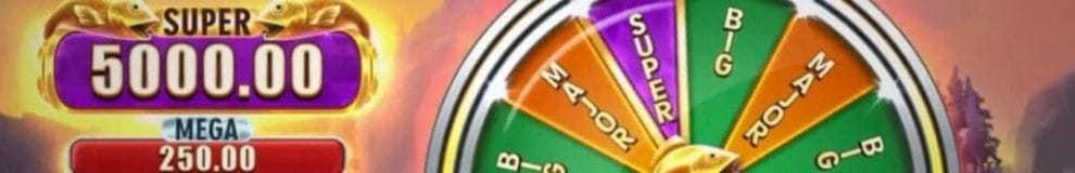 Screenshot of closeup of Amazing Catch online slot game, showing a bonus wheel.