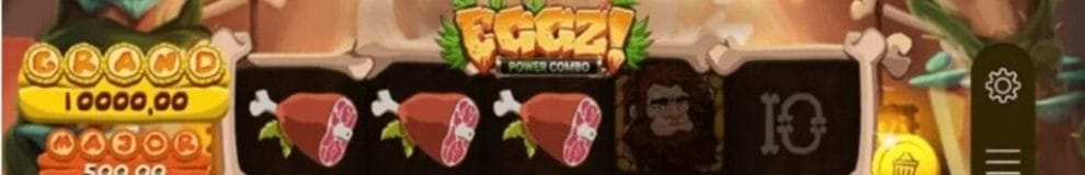 Eggz! Power Combo casino game logo with meat symbols on the reels.