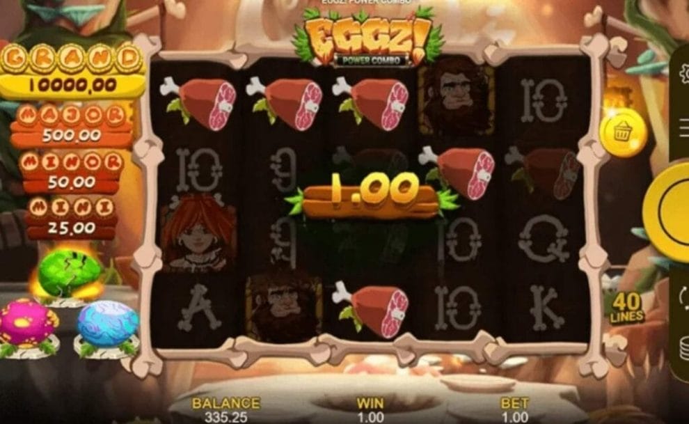 Eggz! Power Combo casino game against a brown background.