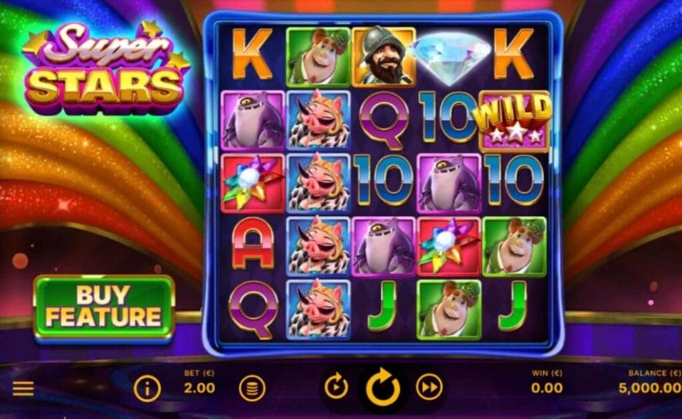 Screenshot of Superstars online slot game, showing what the game looks like. 