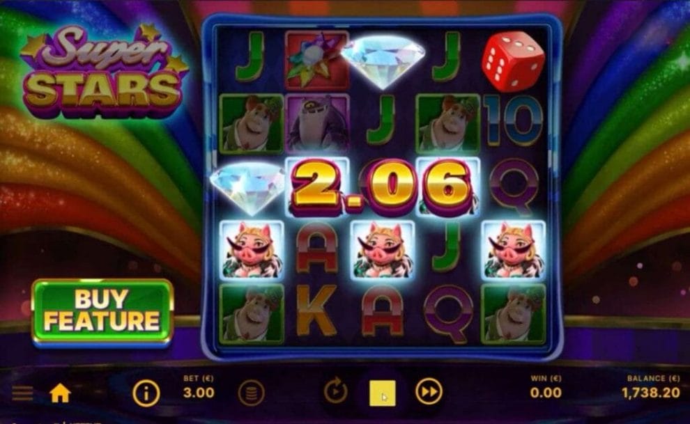 Screenshot of Superstars online slot game showing a $2.06 win. 