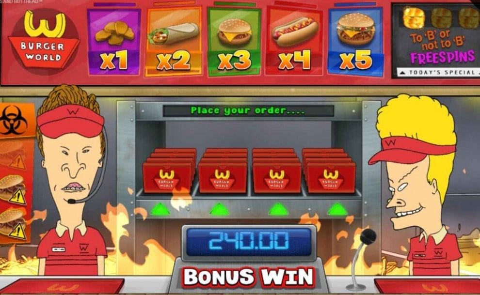 Screenshot of Beavis and Butt-head online slot game, showing Customers Suck! Bonus game. 