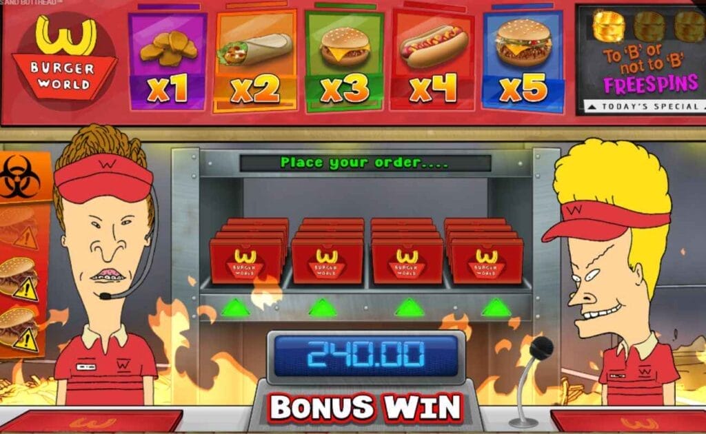 Screenshot of Beavis and Butt-head online slot game, showing Customers Suck! Bonus game.