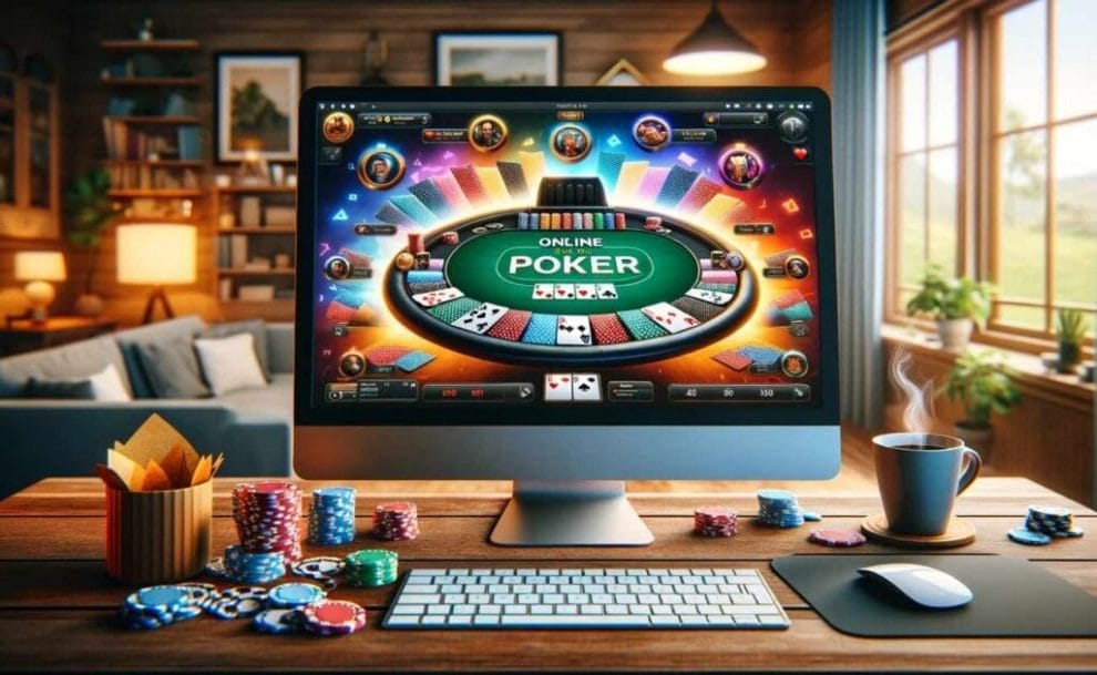 An online poker game on a computer screen in a home setting