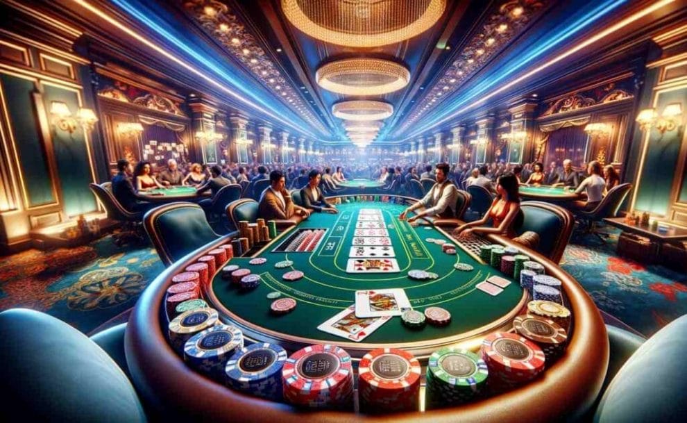 A poker table with cards and chips in a casino