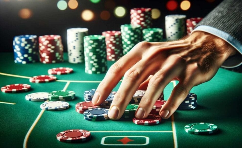 A close-up of a hand with poker chips, ready to place a bet, against a backdrop of a green table and blurred chip stacks.