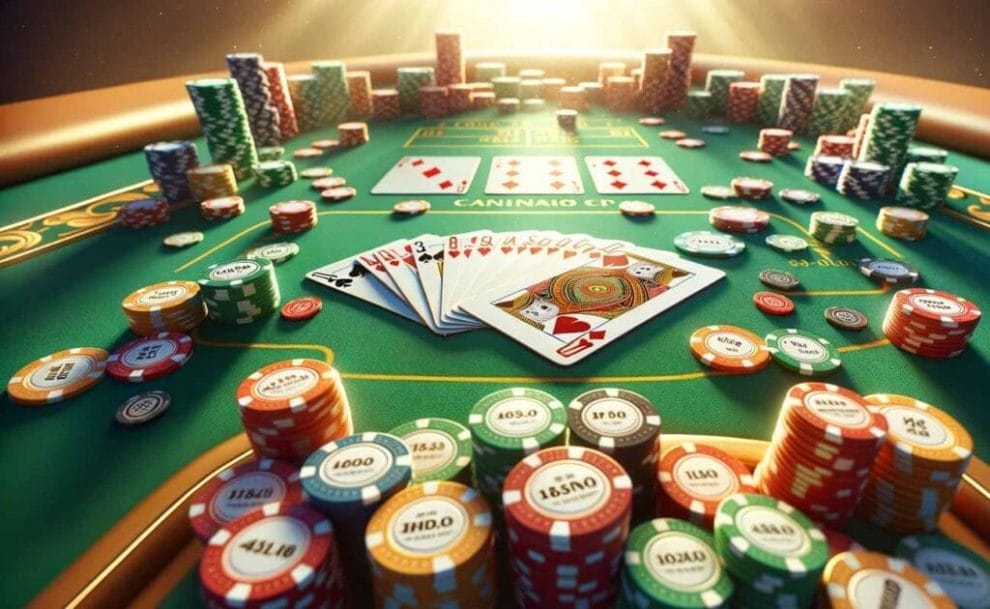 A high-angle view of a poker table, with chips and playing card backs on display, suggesting the aftermath of a winning hand.