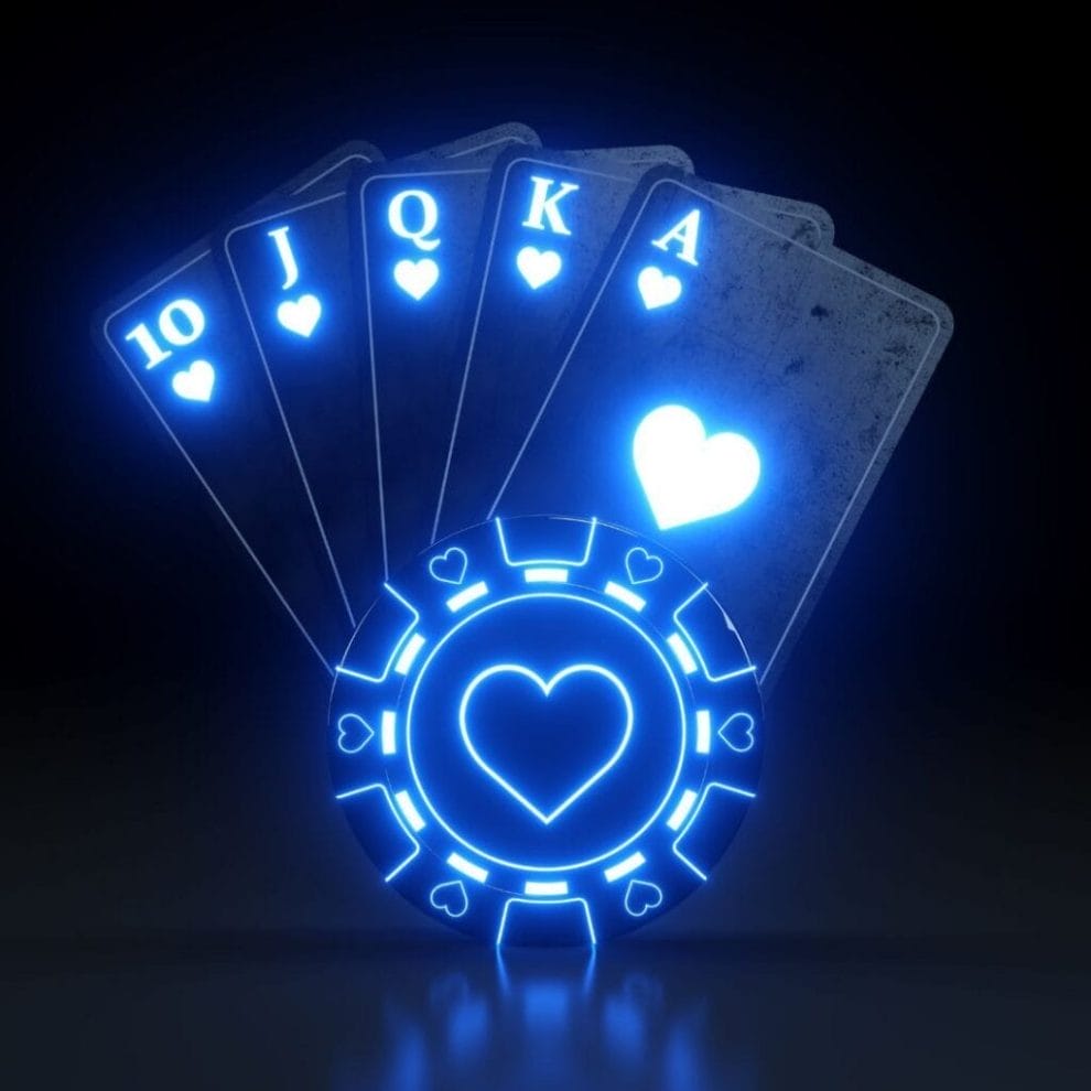 Blue neon playing cards showing a Royal Flush being fanned out from a neon blue poker chip.