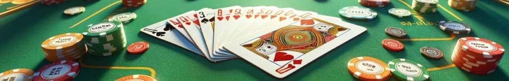 A high-angle view of a poker table, with chips and playing card backs on display, suggesting the aftermath of a winning hand.