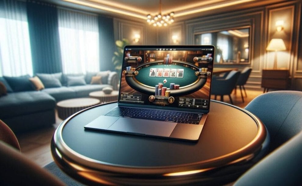 A laptop on a stylish table displays an online poker game.