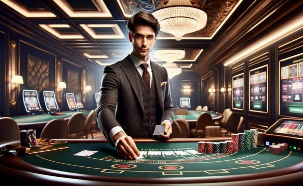 A live dealer at a casino table deals cards in an elegantly designed room