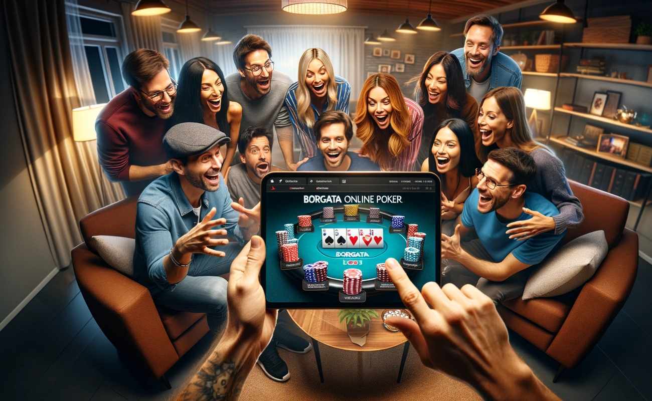 Group gathered around a tablet discussing Borgata Online poker in a warm living room.