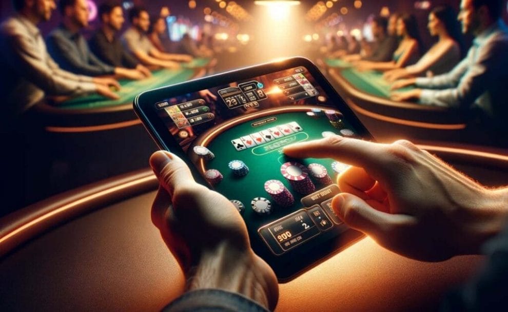 Close-up of a hand interacting with a vibrant virtual poker game on a tablet, with blurred background showcasing other table games.