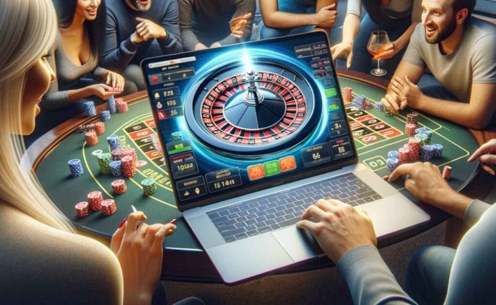 Friends gathered around a laptop, engrossed in an online roulette game