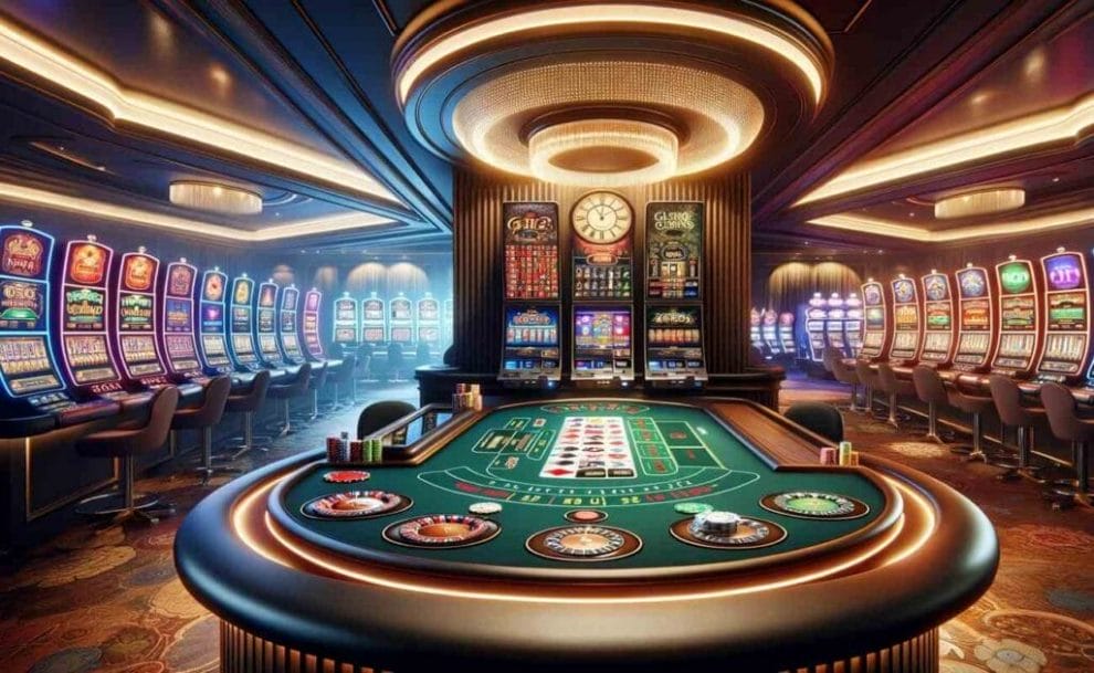Wide-angle view of a casino with table games in the foreground and slot machines in the background.