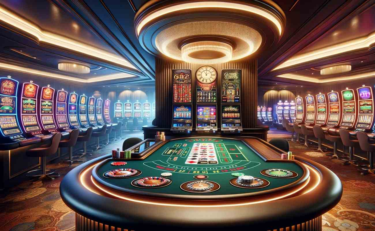 Wide-angle view of a casino with table games in the foreground and slot machines in the background.
