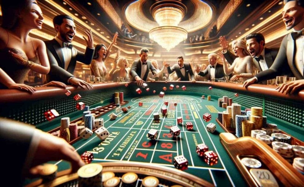 Dynamic craps game scene in a casino with players around the table and dice in mid-roll