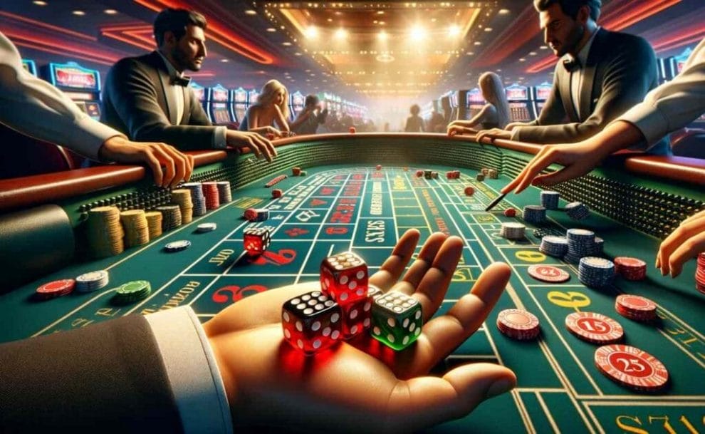 Player's perspective at a craps table with hands poised to throw dice, surrounded by a lively casino setting