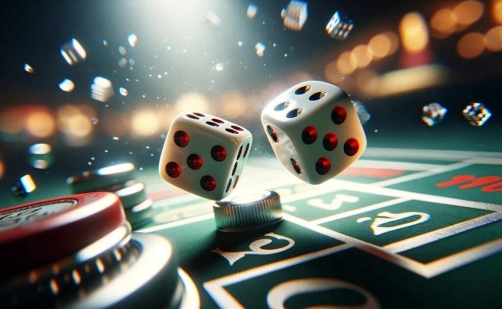 Close-up of craps dice in mid-air with a blurred casino table background