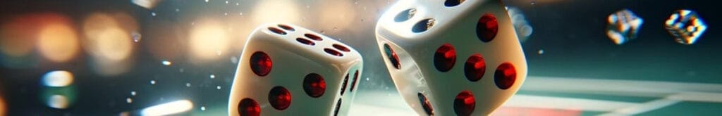 Close-up of craps dice in mid-air with a blurred casino table background