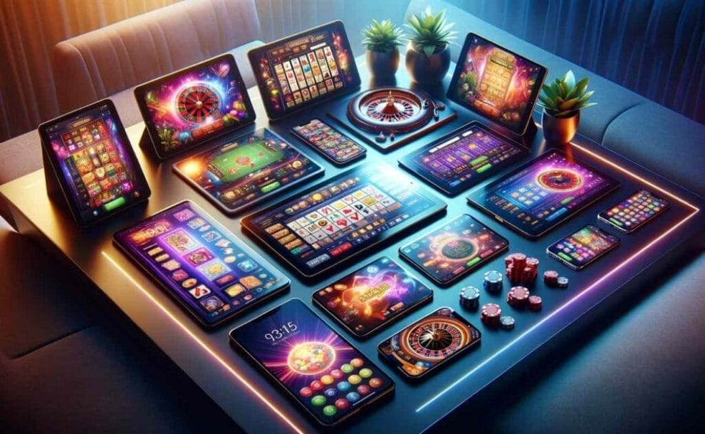 A variety of devices displaying colorful online casino games on a modern table.