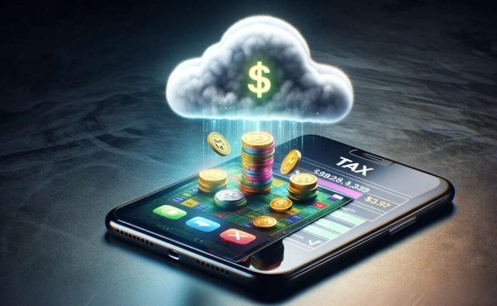 A smartphone displaying an online gambling app with virtual coins floating into a cloud