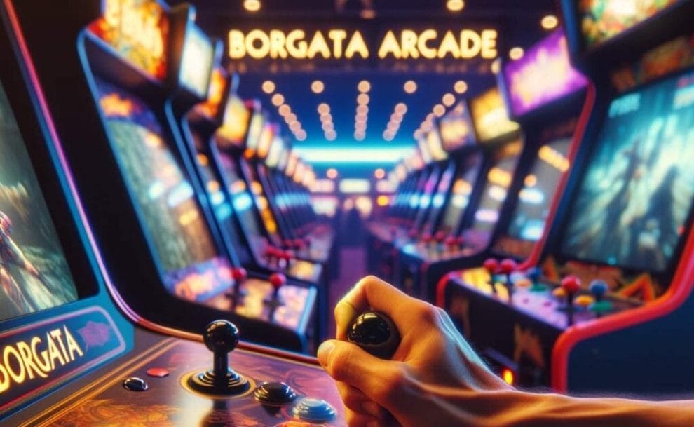 Close-up of hands on arcade joystick with vibrant screen colors, with Borgata Arcade out of focus in the background
