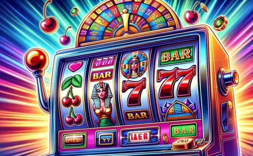 A slot machine displaying classic themes like cherries, bar, and 7s symbols