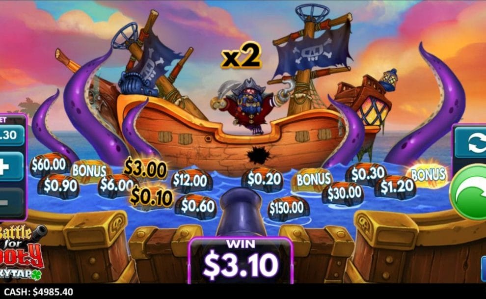 The Battle for Booty screen where a cannon is pointed from your ship towards an enemy pirate ship in the background that is surrounded by a Kraken’s tentacles. There are barrels with cash values and bonus symbols on them floating in front of the enemy ship.