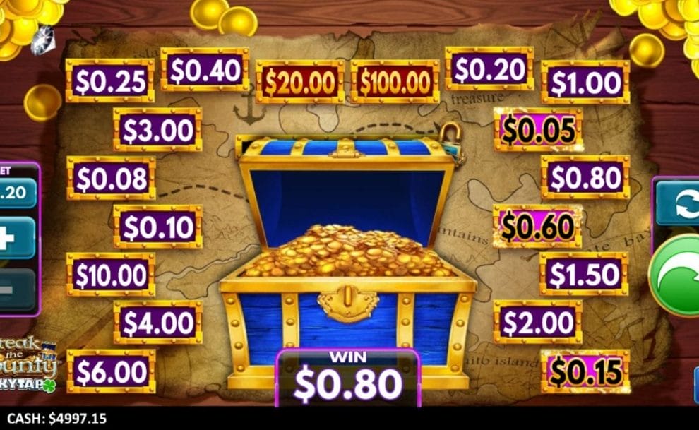 The Break the Bounty screen with a treasure chest surrounded by a pirate map and cash values. The treasure chest is open, and a win is active.