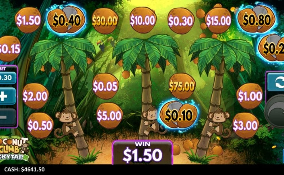 The Coconut Climb screen with three monkeys on coconut palm trees. Several coconuts have been cracked open, and a win has been triggered.