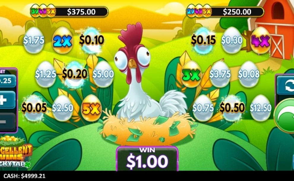 The Eggcellent Wins screen with a chicken sitting on its nest surrounded by eggs with various prizes. The player has landed a win.