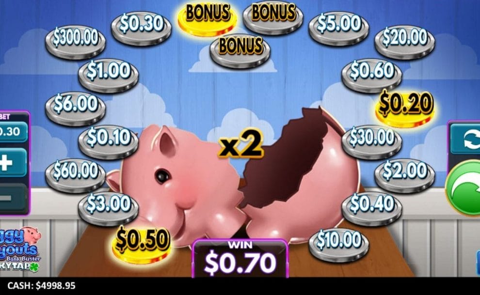 The Piggy Payouts Bank Buster screen with a cracked piggy bank is surrounded by silver coins with cash values on them. The player has won a prize and activated a multiplier.
