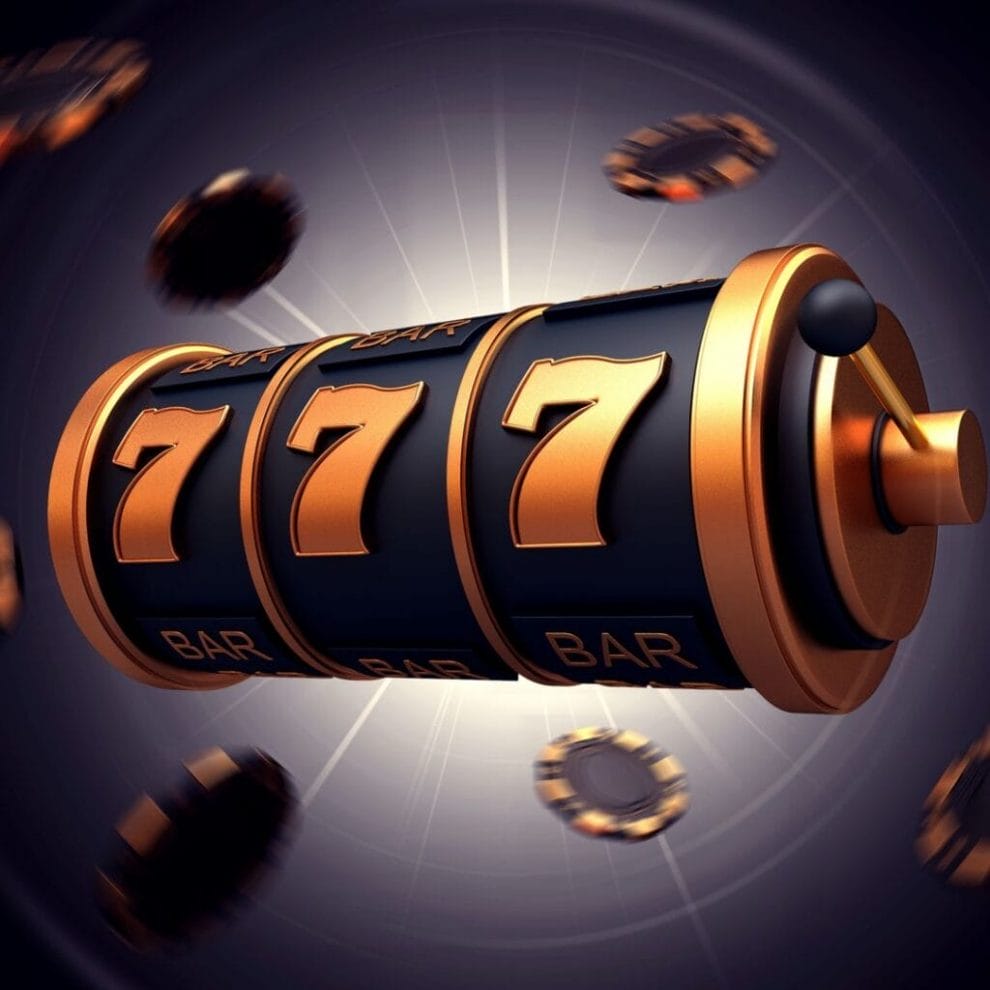A 3D-rendered black and gold slot reel showing three 7s surrounded by falling black and gold casino chips.