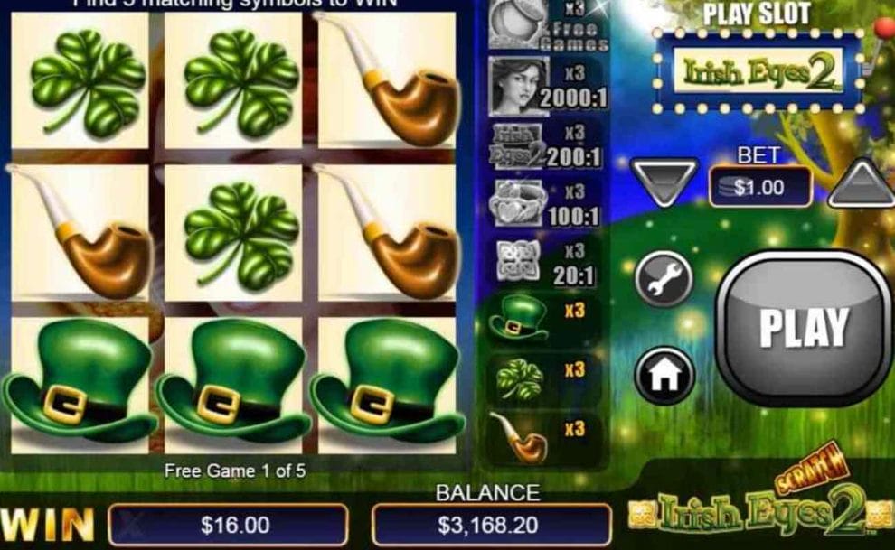  The gameplay screen for Irish Eyes 2 online scratch card game shows a green leprechaun hat, a pipe, and a four-leaf clover. Grayed-out symbols on the right display symbol payout information.