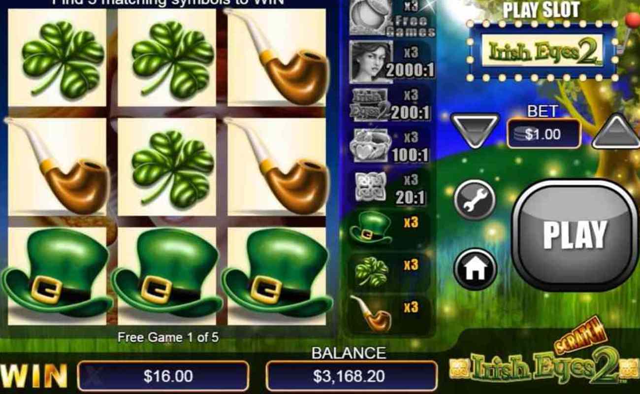 The gameplay screen for Irish Eyes 2 online scratch card game shows a green leprechaun hat, a pipe, and a four-leaf clover. Grayed-out symbols on the right display symbol payout information.