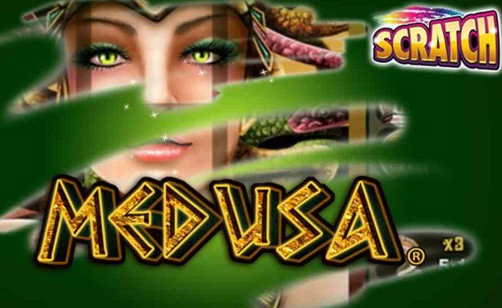 The title screen for the Scratch Medusa game, with Medusa’s green eyes looking out from behind green scratch marks.