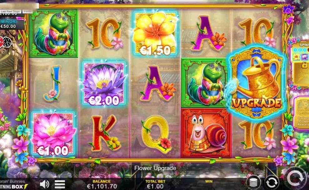 Gameplay with flowers, caterpillars, and snails symbols in online slot Bloomin’ Bunnies by Lightning Box