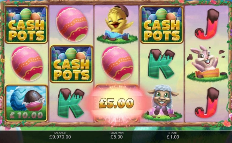 Gameplay with Cash Pots symbols and £5 Win symbol Chocolate Cashpots by Inspired Gaming