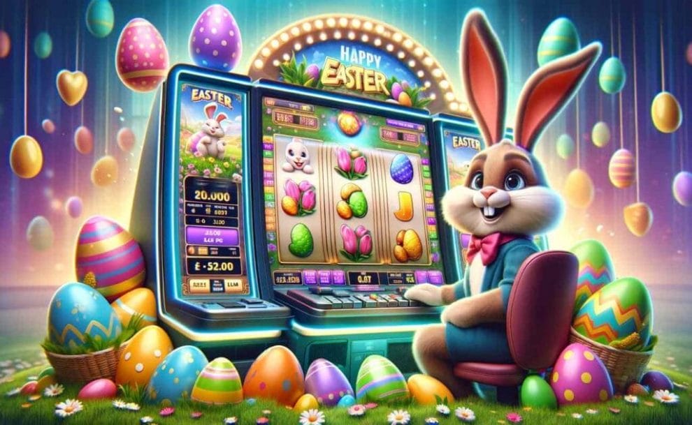 Easter-themed online slot machine with colorful eggs, a cartoon bunny, and spring flowers