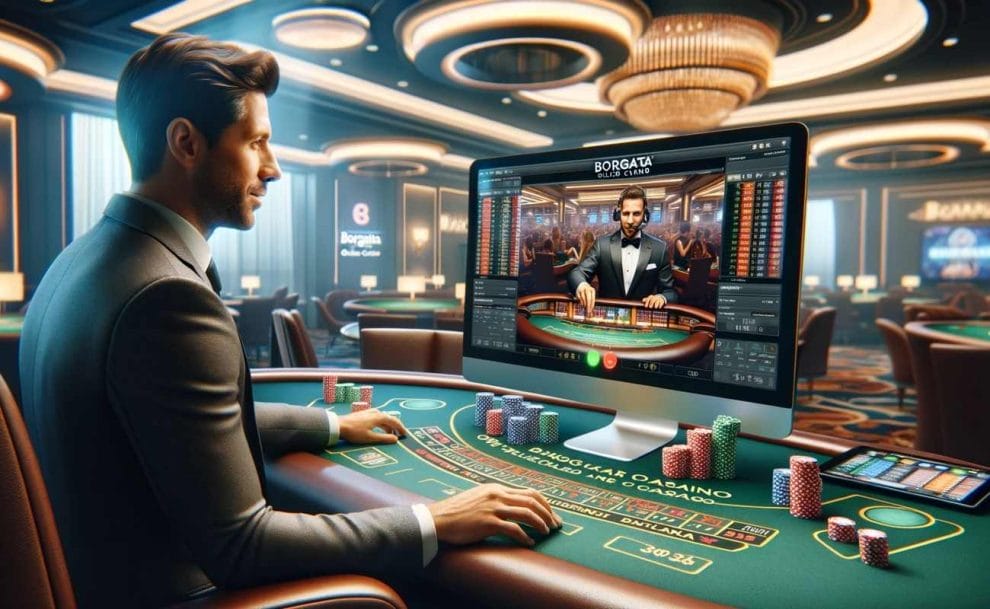 A digital live dealer blackjack game in progress on a computer monitor, set against an upscale casino environment.