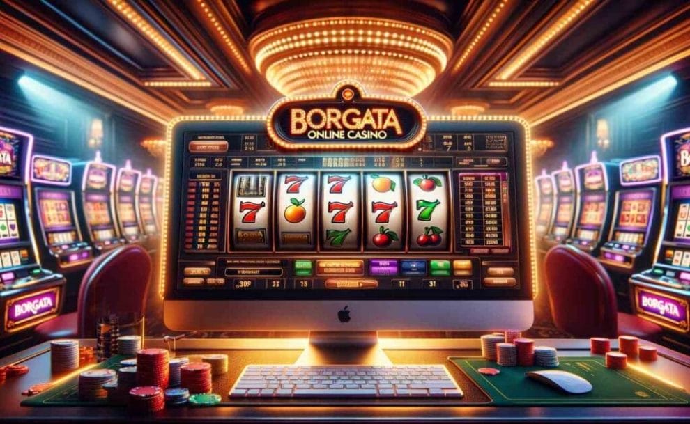 An online slot machine interface on a computer screen, showcasing classic symbols against a casino backdrop.